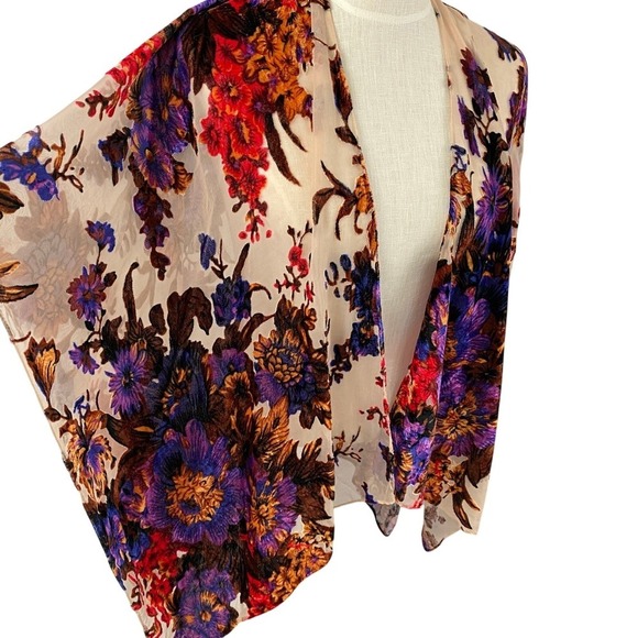 Whimsigoth Burnout Velvet Floral Kimono Shawl Wrap Women OS Purple Cottagecore - Picture 5 of 8